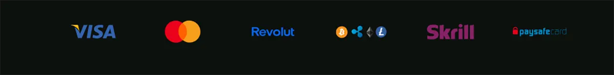 Row of payment logos on a dark background: Visa, Mastercard, Revolut, a set of cryptocurrency icons, Skrill, and paysafecard.