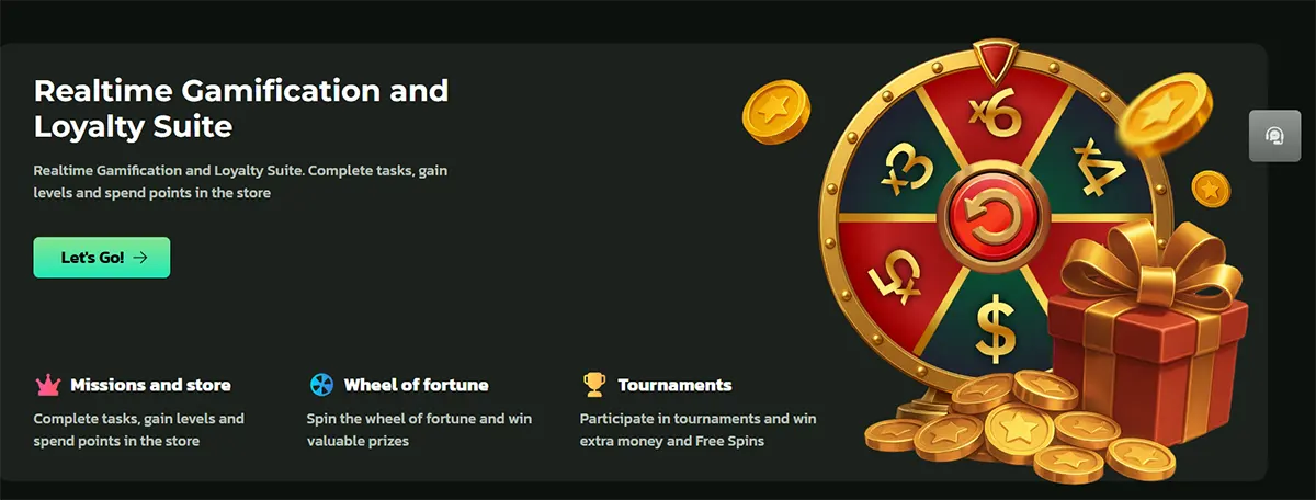 Dark promotional banner for a “Realtime Gamification and Loyalty Suite” with a “Let’s Go!” button and feature icons (missions, wheel of fortune, tournaments), alongside a large prize wheel, gift box, and piles of gold coins.