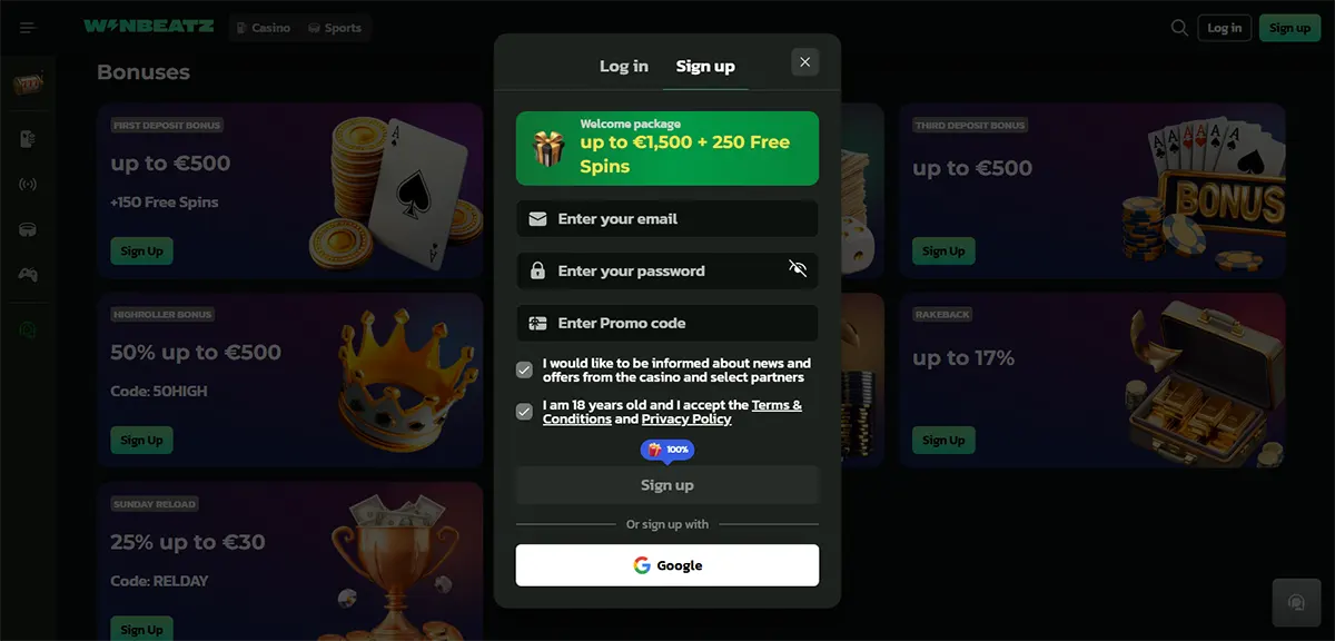 Dark-themed casino website sign-up modal with a “Welcome package up to €1,500 + 250 Free Spins” banner, email and password fields, promo code input, consent checkboxes, and a Google sign-up option over a blurred bonuses page background.
